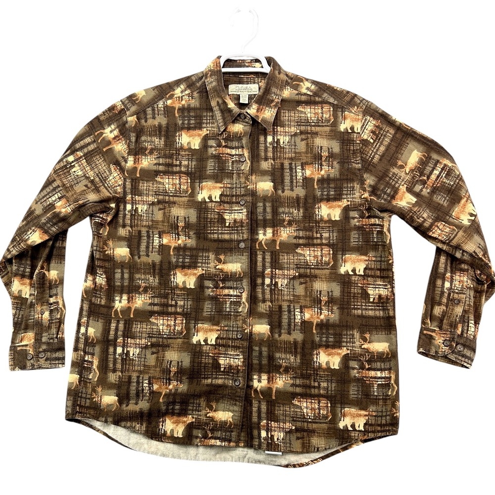 Cabela's Button Down Shirt Mens XL Brown Wildlife Moose Elk Print Long Sleeve